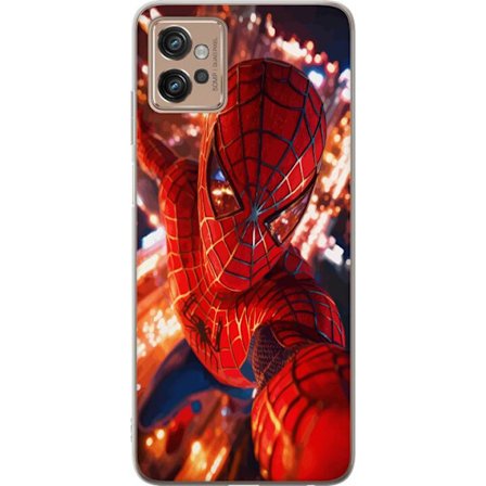 Kompatibelt Mobilskal till Motorola Motorola Moto G32 Spider Man i intensiv action med gnistrande ljus och dynamiskt perspektiv i filmisk superhjälte