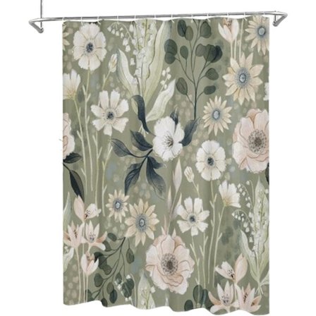 Badeværelsesforhæng - Vaskbart - Grønt blomstermønster - 180 x 200 cm