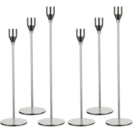 6-pak kegleformede sølv lysestager, to par af hver størrelse, passer til de fleste lysdekorationer, jernlysestager