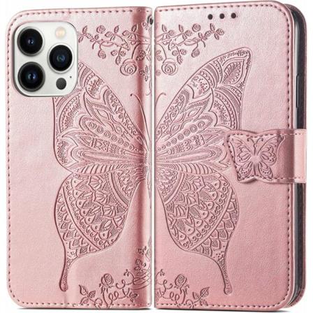 Iphone 13 Pro Plånboksfodral Pu-läder 4-fack Motiv Fjäril Rosenguld
