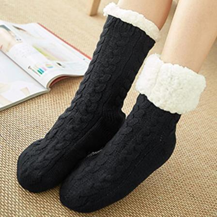 dame vinter fleece gulvsokker tykke anti-skli termisk varme Black