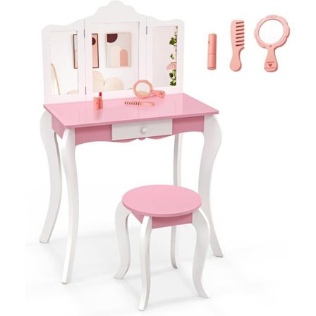 COSTWAY sminkebord til børn med skammel og aftageligt 3-foldet spejl, makeupbord med skuffe og anti-vippeenhed