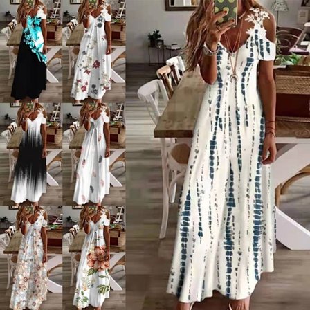 Dam Sommar Kortärmad Lång Klänning Virkade Maxiklänningar Svart Vit Tie Dye 3XL Positioning Blue Floral