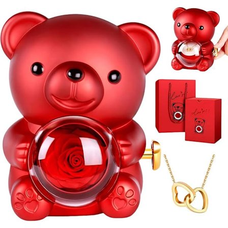 Evighetsros, Evighetsrosbjörn med smyckeskrin och Jag älskar dig-halsband, Alla hjärtans dag-present för kvinnor, Födelsedagspresent, Mors dag-idéer 