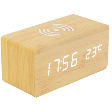 Digital Vekkerklokke i Tre med Trådløs Lader for Soverom/Kontor