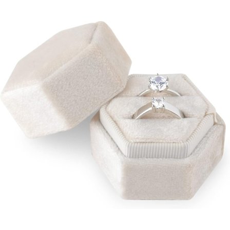 Sammet ringask för smycken, dubbel hexagonformad ask, beige