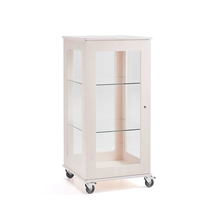 Mobile glass display cabinet EXPO, 2 shelves, 660x600x1250 mm, white frame