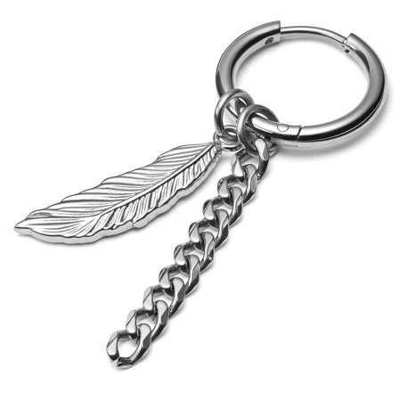 Sølvfarvet Drop Hoop Stålørering m. Fjer & Kæde Vedhæng til mænd - Hoop øreringe m. vedhæng