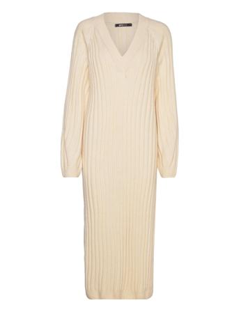 V-Neck Knitted Dress Knælang Kjole Cream Gina Tricot