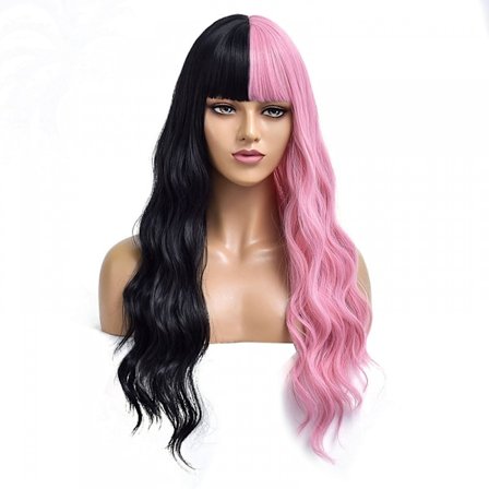 28 tommers flerfarget pannelugg lang krøllete mote cosplay parykk (halv rosa halv svart)