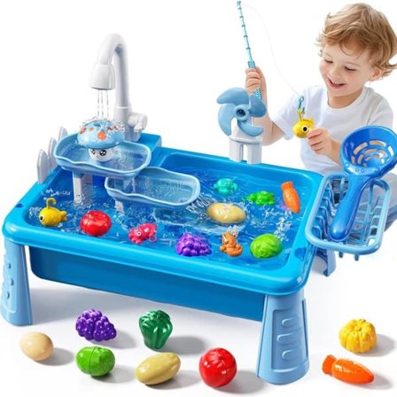 Water Table for Kids with Electric Water Pump – Fishing Game & Sensory Toy, Detachable Table Legs