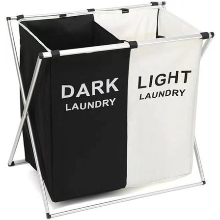 Klesvaskurv 2 seksjoner, skittentøyskurv, sammenleggbar klessorterer, stoffkurv med sidelommer (svart og hvit)