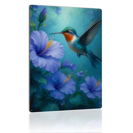 Kolibri metallikyltti sininen hibiskus kukkataide värikäs trooppinen lintu vintage peltikyltti taulu kangasseinän sisustukseen