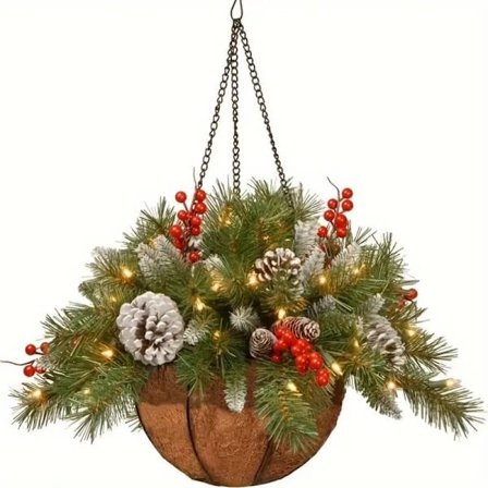 Rustikk julehengende kurv med grønt – 3D kunstig furu, julehengende krans og juledekorasjon for innendørs og utendørs