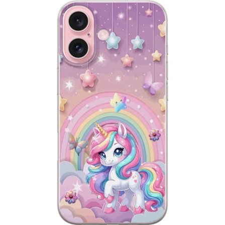 Kompatibel Mobilcover til Apple iPhone 16 Magisk enhjørning med regnbue manke, stjerner og sommerfugle mod en pastelfarvet himmel med skyer