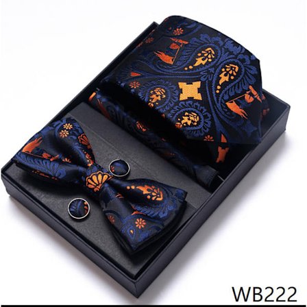 Herrslipsset med rosett, bröllopspresent slips, slips till affärssvit + rosett + näsduk + manschettknappar*2 + presentask, WB222-mönster
