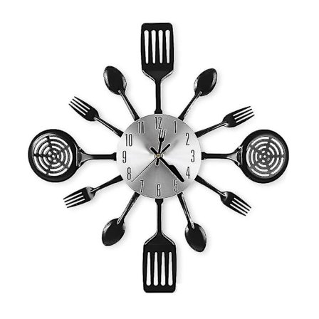 16 tum stor kök väggklocka med skedar och gafflar, 3d bordsartiklar väggklocka rum hem dekoration(svart)