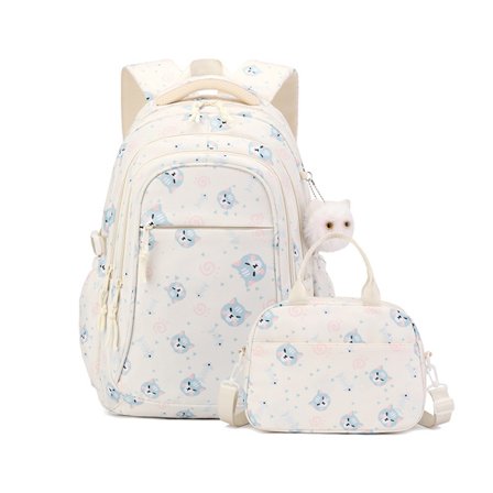 2-delad studentryggsäck med kattryck för 6-14 år, vit