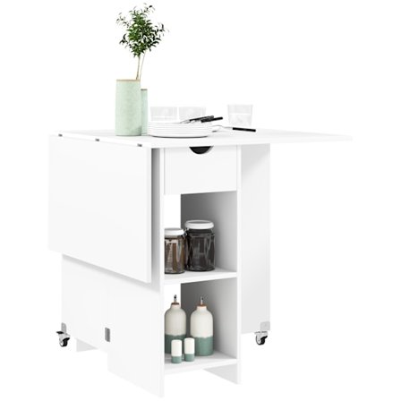 Sammenklappeligt spisebord, mobilt køkkenbord til 2-4 personer med åbne hylder, 1 skuffe, klapbord til små rum, spisestue 114,5 x 70 x 75 cm, hvid