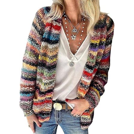 Dame Regnbuestribet Langærmet Åben Strikket Cardigan Casual Pullover Gave
