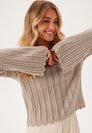 Bubbleroom - Boat Neck Structure Knitted Sweater - Light brown - Kläder