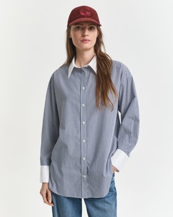 GANT Damen Oversized Bluse mit Kontrastkragen und Streifen (38) Blau