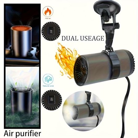 12V 2-i-1 Värmare & Defroster med 180° Roterande Sugkopp & Fäste - Snabb Uppvärmning Bil/Husbil Värmare med Vindruteavfrostning, Inget Batteri [DB]