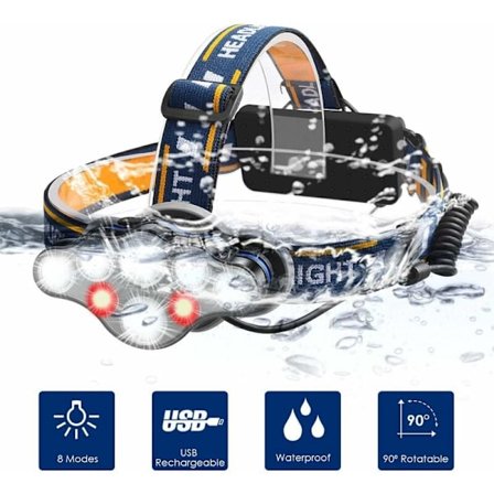 LED-ajovalo, 12000 Lumin ajovalo, vedenpitävä IPX4, 8-moodia USB ladattava taskulamppu kalastukseen, retkeilyyn, lukemiseen, patikointiin, pyöräilyyn