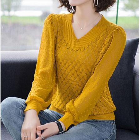 Kvinder Strik Efterår Vinter Sweater Chiffonsting Garn Ærmer V-hals Løs hul bund Yellow 58*98*54cm