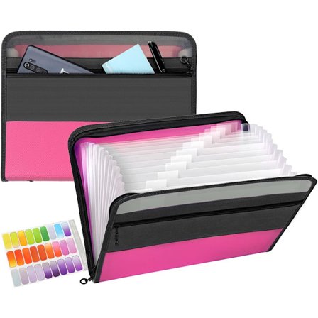 13 Lommer Ekspanderende Filmappe med Glidelåslukking, A4 Plast Dokumentmappe Organiserer med Praktisk Frontlomme for Personlig Kontor