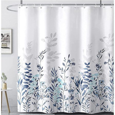 Badrum Duschdraperi, Blå och Grå Duschdraperi, Akvarell Blomduschdraperi 180cm*180cm
