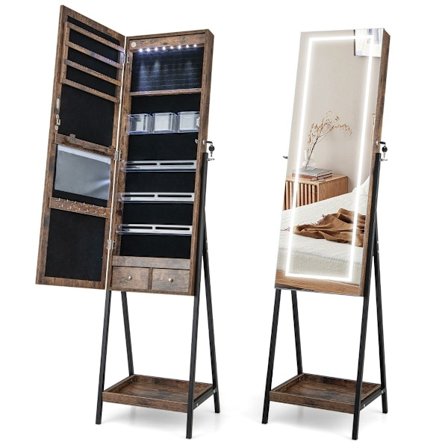 Smyckesskåp med hylla & helspegel & 3 färgade LED-lampor & 2 lådor bruna