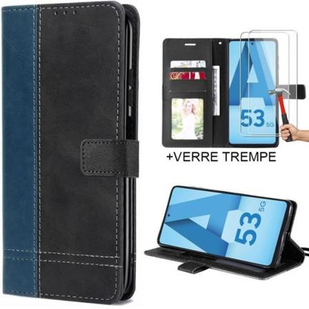 Flip-etui med 2 hærdede briller til Samsung A53 5G - Lædereffekt Sort-Marineblå