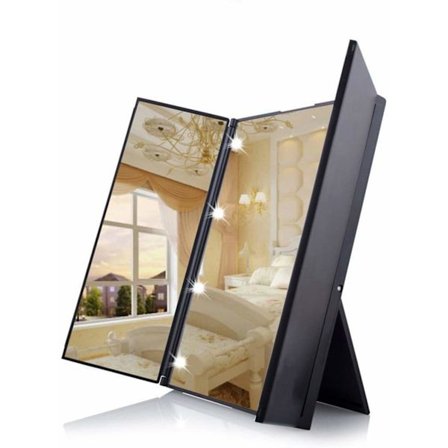 Tri-Fold Kosmetisk Makeup Spejl Rejse Kompakt Lomme Makeup Spejl med 8 LED Lys Batteri Inkluderet - Sort