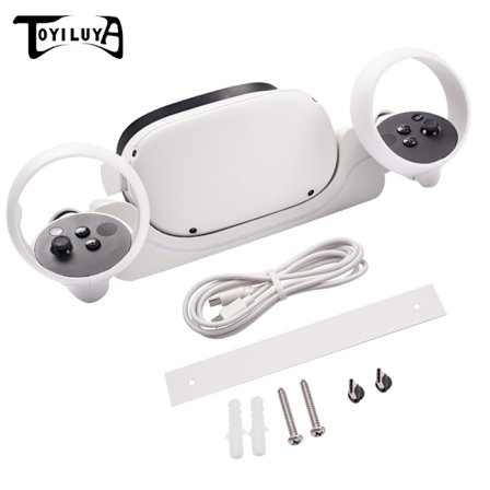 Ladestation, Kompatibel med Meta Quest 2 Hovedtelefoner, Ladestander med LED-lys, Skrivebordsvægmontering til Hovedtelefoner og Controller, med USB-C