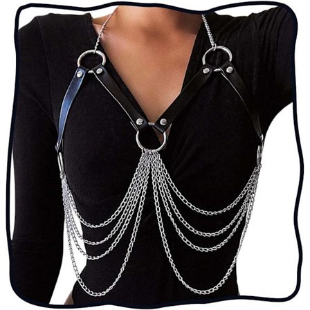 Nahkainen rintavaljaiden ketjuvyö, musta, kerrostettu, muodikas, rave-vartaloasuste naisille