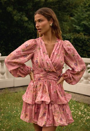 Bubbleroom Occasion - Balloon Sleeve Short Flounce Dress - Pink/Floral