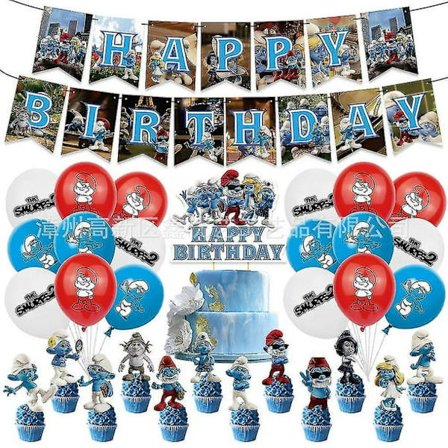 Smurf-tema bursdagsfest dekorasjon ballong banner kaketopper sett