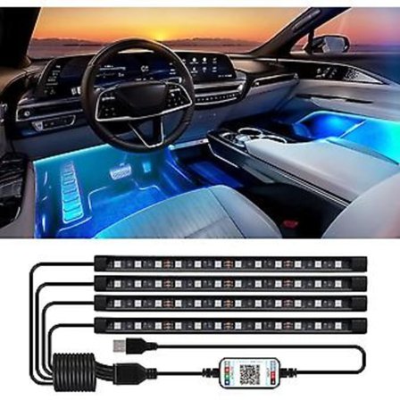 LED Indvendige Bil Lys, 4 stk 48 LED USB Bil LED Strip, RGB Musik Multifarvet Atmosfærisk Belysning, Vandafvisende Bil Indvendig Atmosfærisk Lys Med 