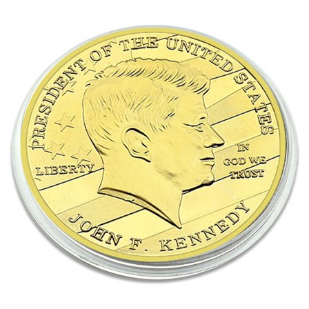 Johns Kennedys mindesmønt - Forgyldt medalje af amerikansk præsident med profilbillede, frihedsgudinde og stjernedesign