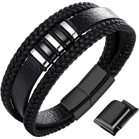 Nahkainen ranneke - Klassinen käsintehty punottu ranneke magneettilukolla - Säädettävä monikerroksinen aito nahkaranneke miehille mustana - G