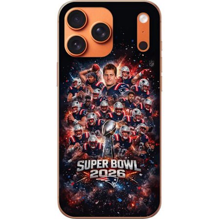 Yhteensopiva Puhelinkuori Apple iPhone 17 Pro Max Super Bowl 2026 juliste, jossa New England Patriots ja NFL-mestaruuspalkinto räjähtävän urheilullise