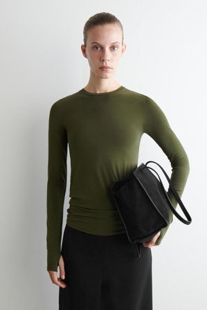 COS Women's Slim Lightweight Long Sleeve Top in Green