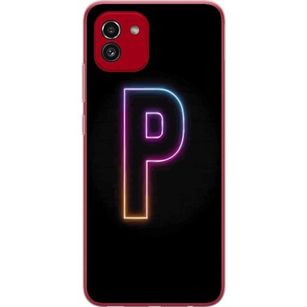 Kompatibel Mobilcover til Samsung Samsung Galaxy A03 Minimalistisk neonbogstav P i farvegradient og lyseffekt mod sort baggrund i digital neonstil
