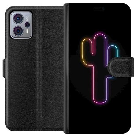 Kompatibelt Lommeboketui til Motorola Motorola Moto G23 Neonillustrasjon av kaktus i rosa og blått lys mot mørk bakgrunn