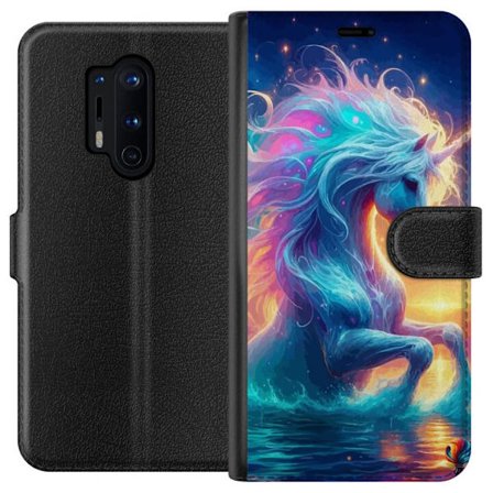 Kompatibelt Plånboksfodral till OnePlus OnePlus 8 Pro Färgsprakande enhörning i vatten med regnbågsfärger, glödande ljus, magisk fantasyatmosfä