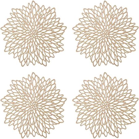 4 stk. Gullfargede Plassmatter, Uthulte Runde Plassmatter, Runde Plassmatter i Plast, Brukes til Varmeisolering av Tallerken og Borddekorasjon (Gull)