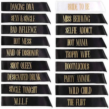 18-delt beltesett 17 svarte med 1 hvitt belte Gulltekst For svensexa Bryllup Ladies Night Out