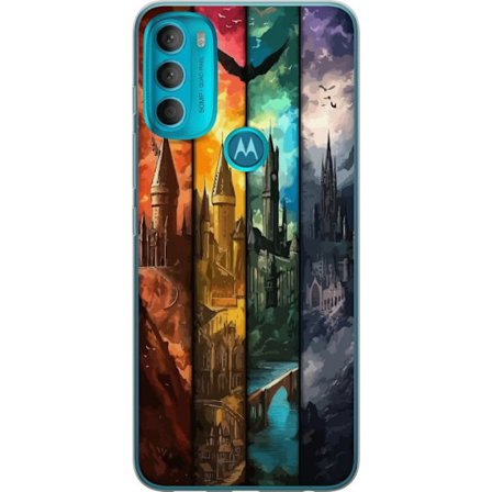Kompatibel Mobilcover til Motorola Motorola Moto G71 5G Fire magiske slotte i forskellige elementfarver, episk fantasykunst med ild vand luft og mørk