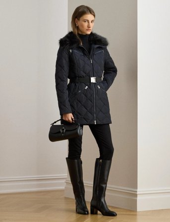 Lauren Ralph Lauren Faux-Fur-Trim Diamond-Quilted Down Coat - Navy - M